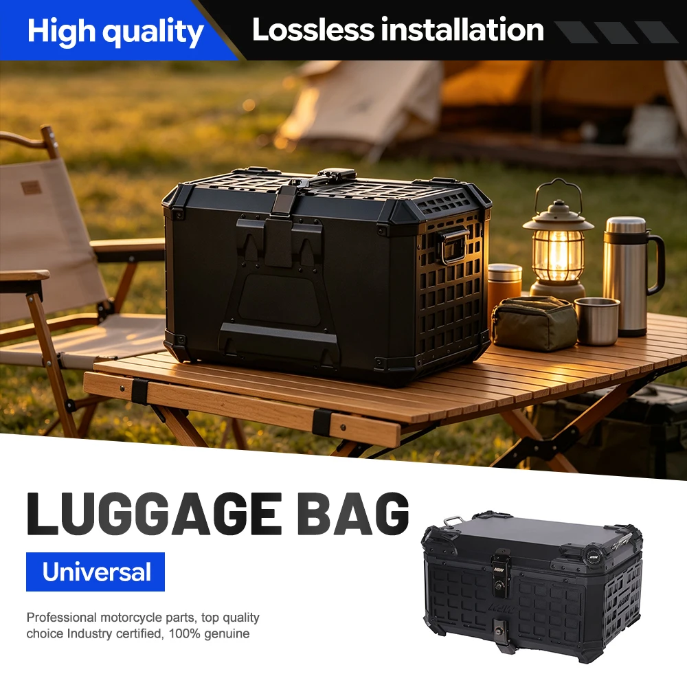 Motorcycle 65L Large Capacity Aluminum Top Case Grid Modular Shell Dual Anti Theft Lock Long Distance Touring Luggage Box