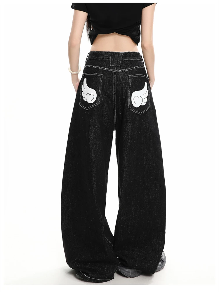 Women's Wing Print Black Jeans Y2k Casual Pants Unisex Bottoms Vintage Wide Leg 90s Sweatpants Female High Waisted Trousers