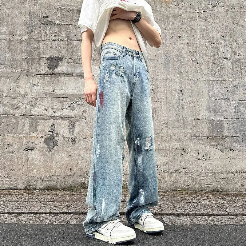 

Весна 2024, мужские повседневные рваные джинсовые брюки большого размера с американским принтом, прямые длинные брюки, дышащие, удобные, современные