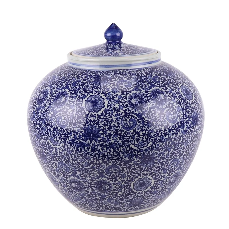 19/RZAP20 blue and white twisted porcelain white melon rice storage tank with big belly and lid jar