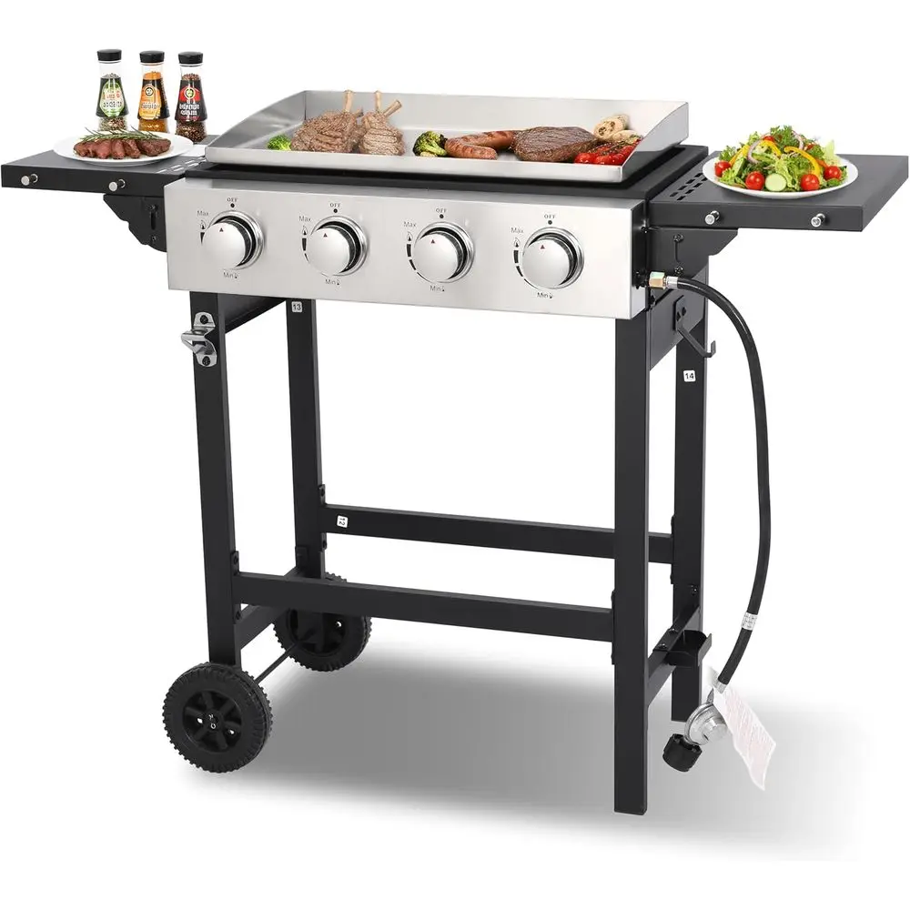 

4 Burner Propane lat Top Grill, 22 Inch StainlSteel Griddle with Detachable Tabletop & Cart, Portable BBQ Cooker with Side Shel