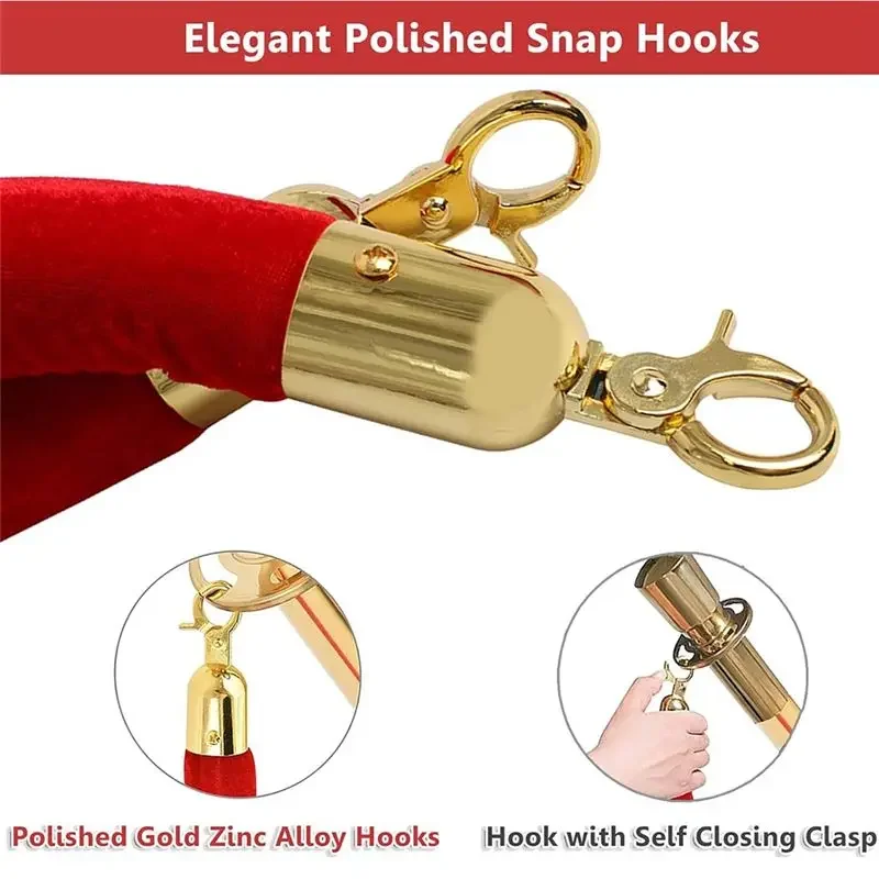 2 Pack Velvet Stanchion Rope With Gold Hooks, Crowd Control Rope Safety Barrier Red Carpet Decoration, 5 Feet
