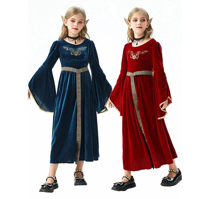 

Готическое средневековое платье принцессы для девочек, бархатное платье с длинными расклешенными рукавами для детей, рождественский бал, новогодний костюм, детское праздничное платье