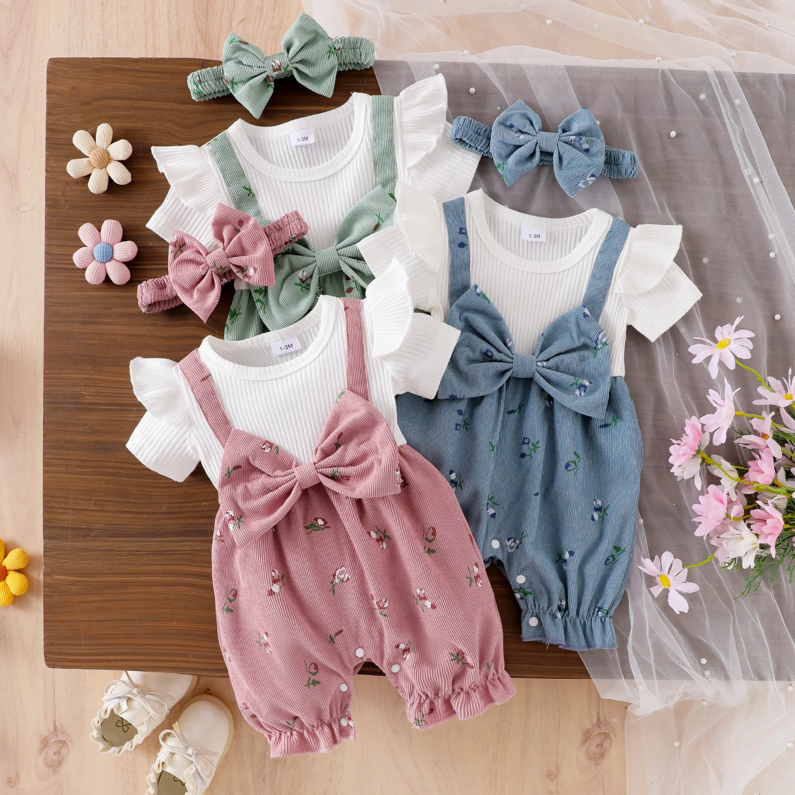 Baby Girl Summer Patchwork Rompers Outfit Floral Fake Two-Piece Short Sleeve Jumpsuit Bow Headband 2 Piece Set