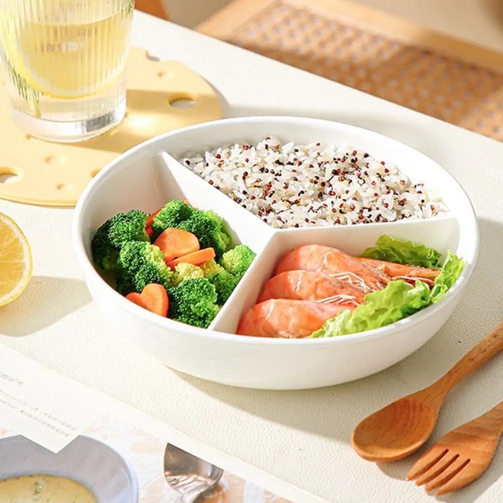 3 Compartments Grid-shaped Dinner Plate White Round Divided Food Tray Silicone Lid Large Capacity Ceramic Salad Plate
