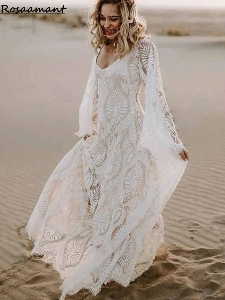 Bohemain-vestidos de novia de sirena de manga larga con apliques de encaje, vestidos de novia bohemios de estilo campestre