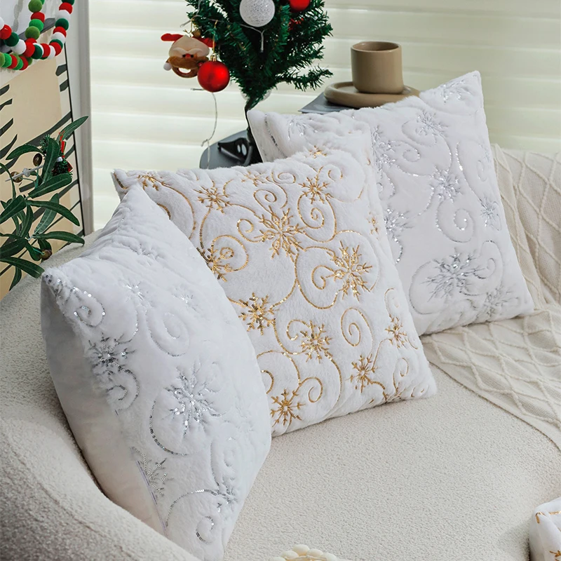 

Cushion Cover Plush Faux Fur Cozy Snowflake White Christmas Supplies Home Decoration for Living Room Sofa Pillow Cover 45x45cm