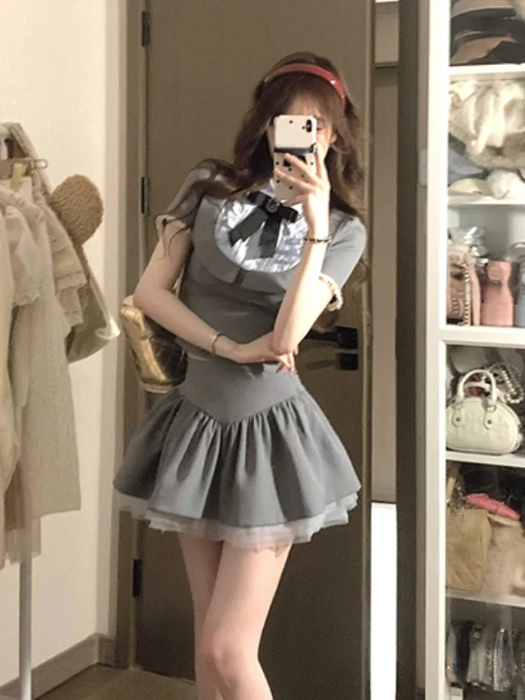 Preppy Style Grey 2 Piece Set Summer Women Korean Fashion Y2k Crop Tops High Waist Kawaii Slim Mini Skirt Hot Girls 2000s