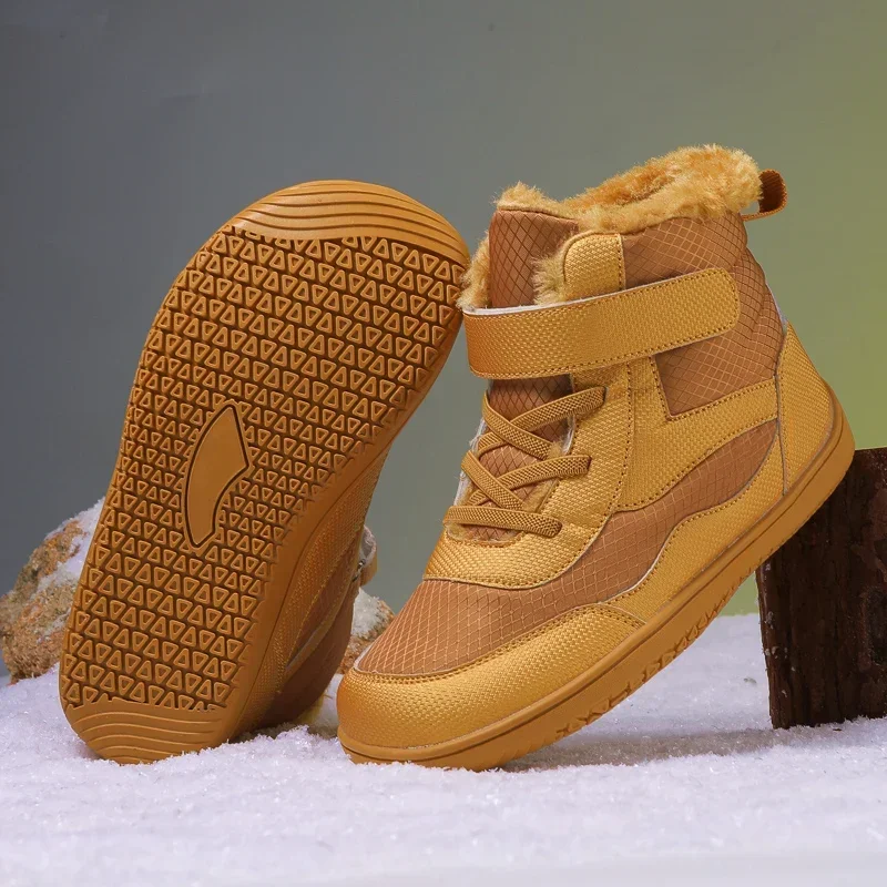 Boy Snow Boots Wide Toe Barefoot Shoes Kids Waterproof Fur Lined Warm Shoes for Girls Cold Weather Outdoor Winter Walking