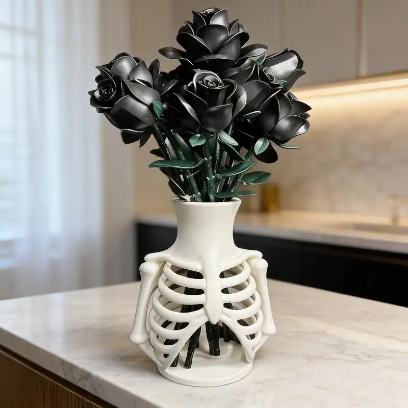 Weiße 3D-gedruckte Skelett-Brustkorbe-Vase, einzigartiges Gothic-Design, perfekt für Halloween-Heimdekoration, Geschenk für Gothic-Liebhaber. – Detail 3