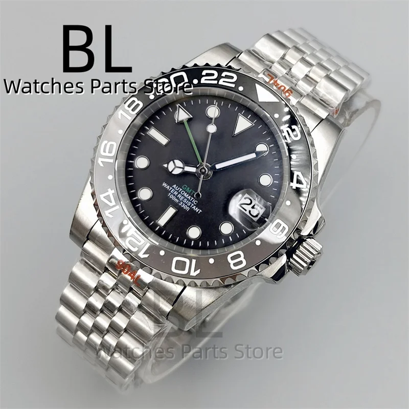 BLIGER 40mm NH34 GMT Watch For Men With Black Gray Ceramic Bezel Sapphire Glass Green Gmt Hands Green GMT Text Jubilee Bracelet