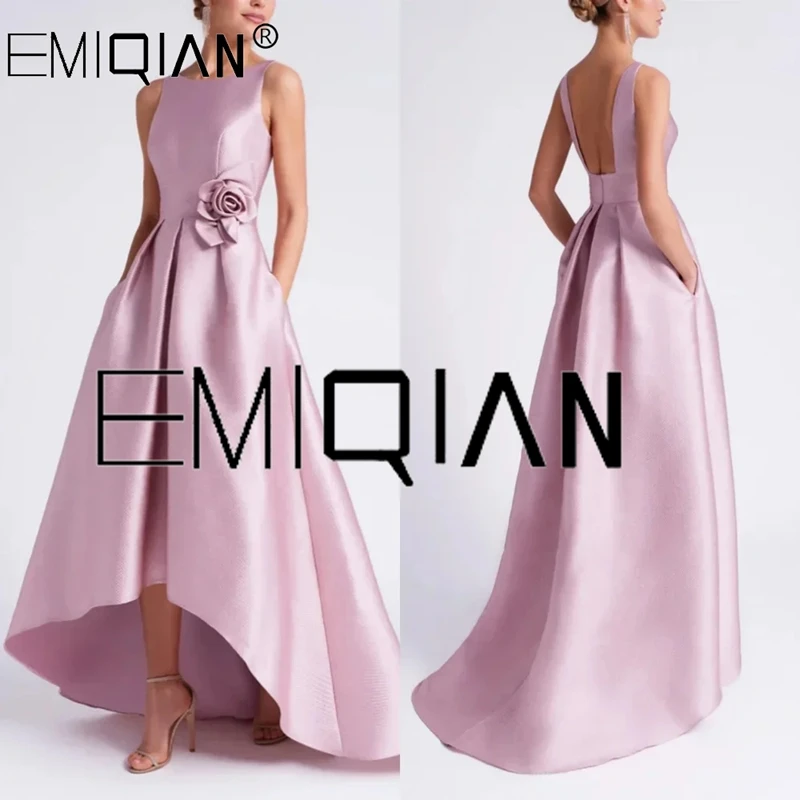 Backless Roses Satin Pink Elegant Formal Dresses for Women Evening Dress Hi-Lo Prom Gown Robe De Soiree Femmes Long