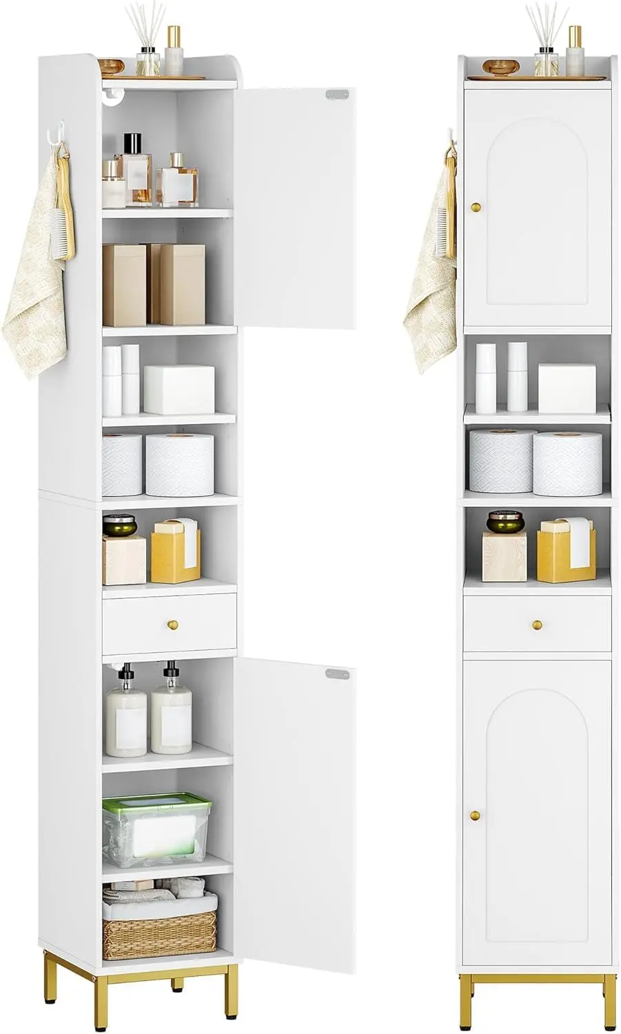 Bathroom Cabinet With Adjustable Shelves Doors Drawer Freestanding Tall Floor Storage Cabinet Narrow Toilet Paper Organizer Frame Wooden Utility Tower White