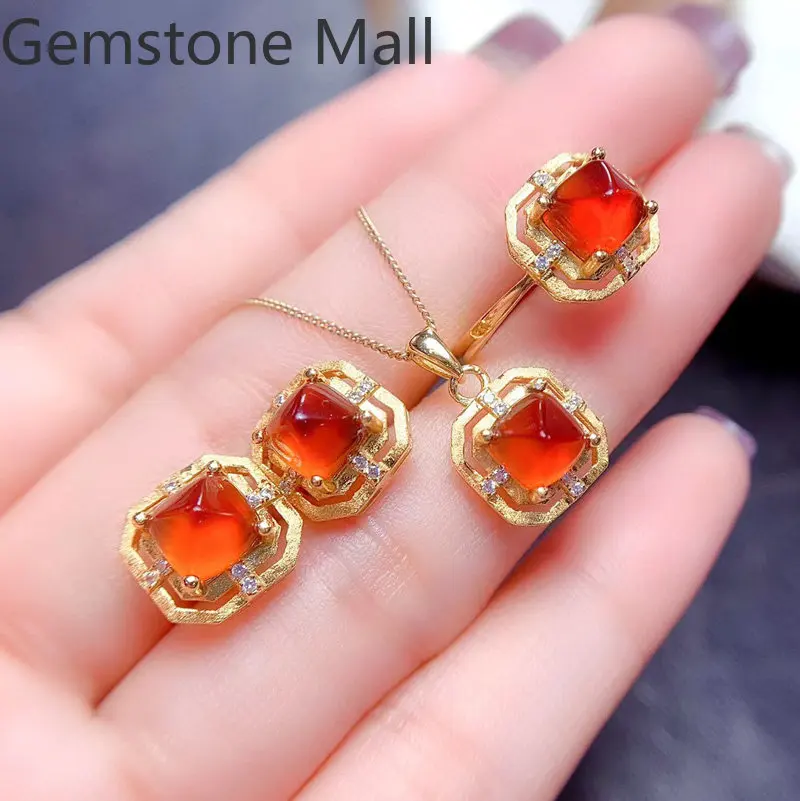 Solid 925 Silver Sugarloaf Gemstone Jewelry Set with Gold Plating 6mm 4ct Natural Fanta Garnet Pendant Ring Earrings for Daily