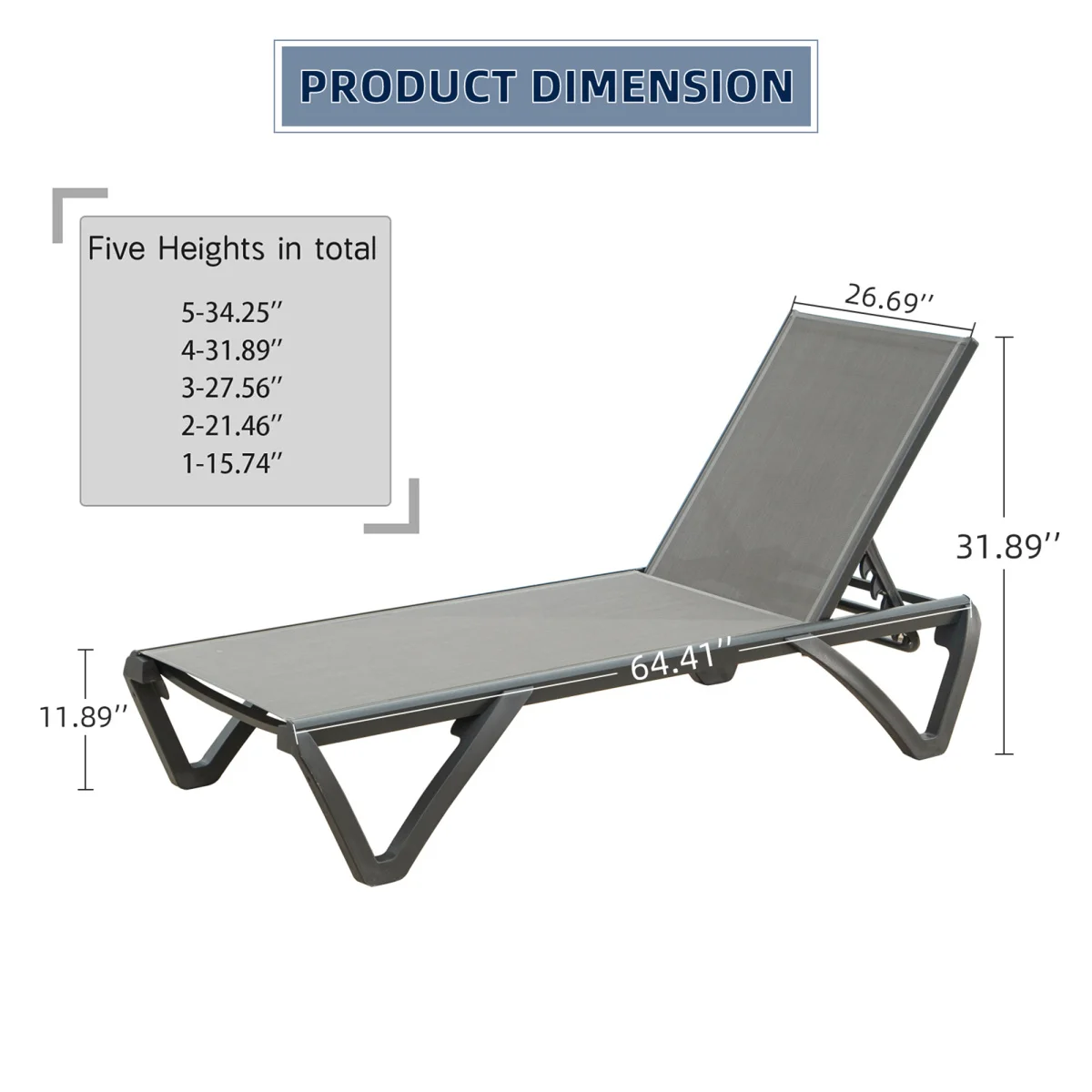 Patio Chaise Lounge Outdoor Aluminum Polypropylene Chair with Adjustable Backrest, Poolside Sunbathing Chair for Beach,Yard,Balcony (Gray, 2 Lounge Chairs) On-Site
