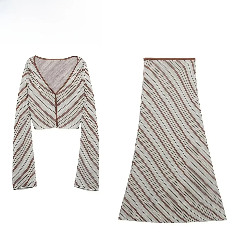 

ZAR Autumn Winter New Women's Faion Striped Knitted Top And Skirt Set Design Sense 004007 Polyester Material