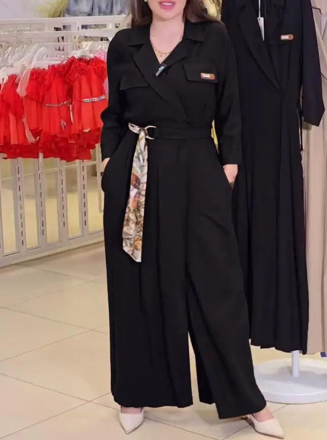 Jumpsuit Dames 2025, Lente Nieuwe Turn-Down Kraag Lange Mouw Casual Asymmetrisch Gebonden Detail Hoge Taille Wijde Pijpen Jumpsuit