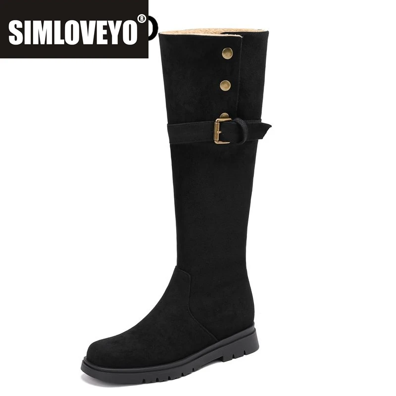 

SIMLOVEYO Женские сапоги до колена из флока, замша с круглым носком на плоской подошве, слипоны с пряжкой на ремне, металлический декор, маленький размер 31, 32, 33, для девочек, мягкая повседневная обувь