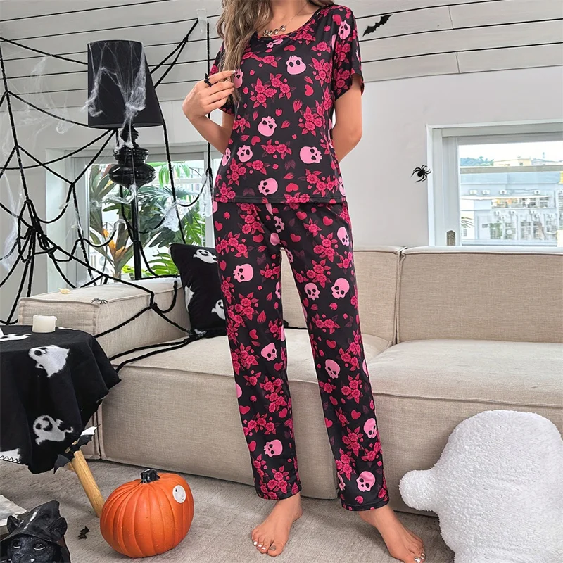 hirigin Women Halloween Pajama Sets Short Sleeve Skull Floral Print T-shirts Tops and Long Pants Set Sleep Loungewear 2024 Suits