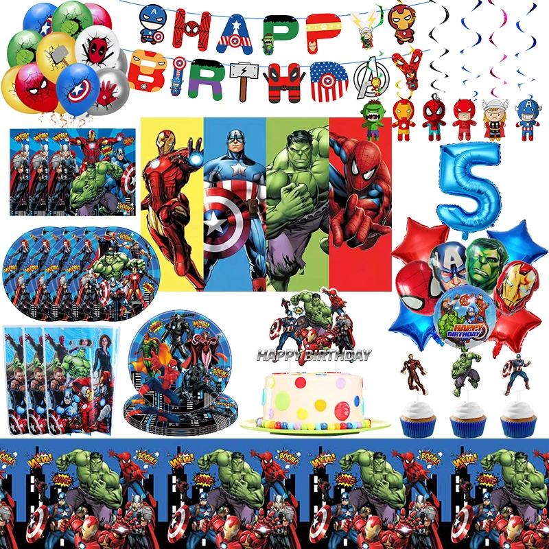 Avengers Marvel Birthday Party Decoration Kids SuperHero Theme Tableware Kit Balloons Deco Happy Banner Supplies For Boy Favors