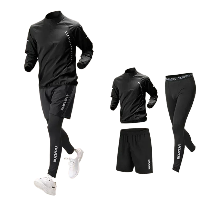 Men 3 Pcs Running Tracksuit Half‑Zip Long Sleeve Top Shorts Compression Leggings Athletic Sport Suit Gym Workout Training Outfit
