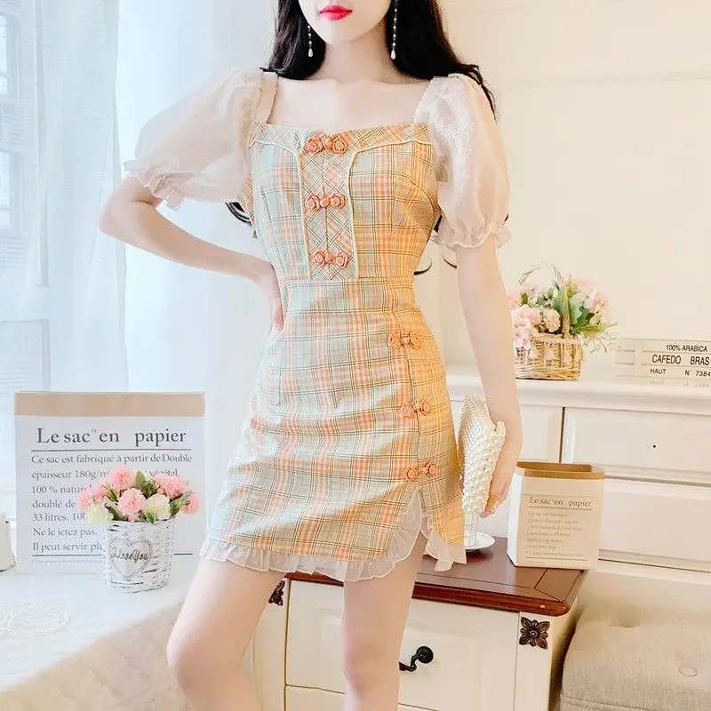 Summer Women Square Collar Puff Sleeve Cottagecore Dress Sweet Chi-pao Style Plaid Dress 2023 New Short Sleeve Retro Streetwear