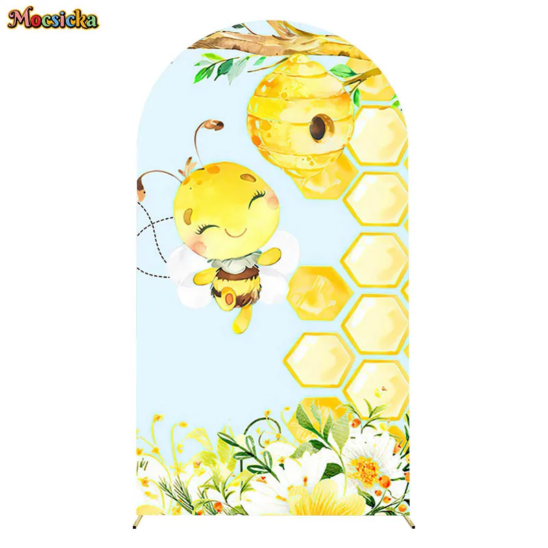 First Bee Day Arch Double-Sided Fitted Top Covers Honey 1st Birthday Baby Shower Backdrop Honeycomb Decor Background Photo Shoot