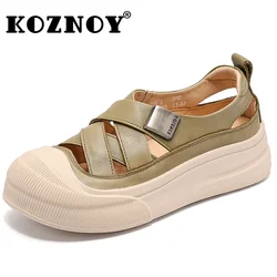 Koznoy 4cm splot krowa prawdziwej skóry letnie modne sandały Slip on damskie sandały kapcie czółenka platforma klinowe puste mieszkania