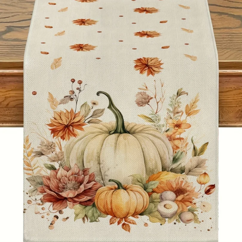 1Pc Fall Pastoral Table Runner, Painted Pumpkin Flower Autumn Leaf for Home Restaurant Picnic Harvest Party Decoration