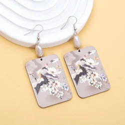 New Fashion Chinese Style 3D Print Crane Flower Earrings For Women Aesthetic Elegant Vintage Acrylic Jewelry Party Accessories