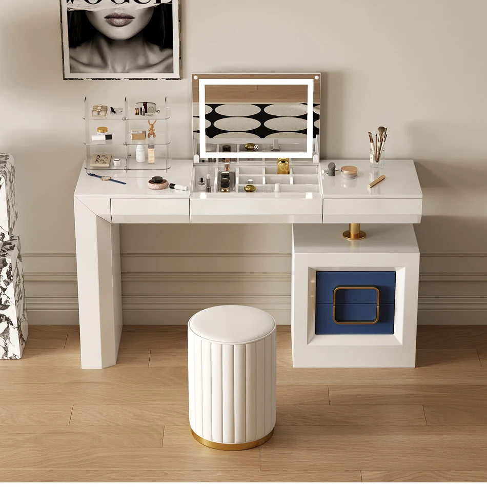@！AIYI-0824 Light Luxury Clamshell Dresser Bedroom LED Lights Makeup Dressing Table with Induction Light Double Suction Storage
