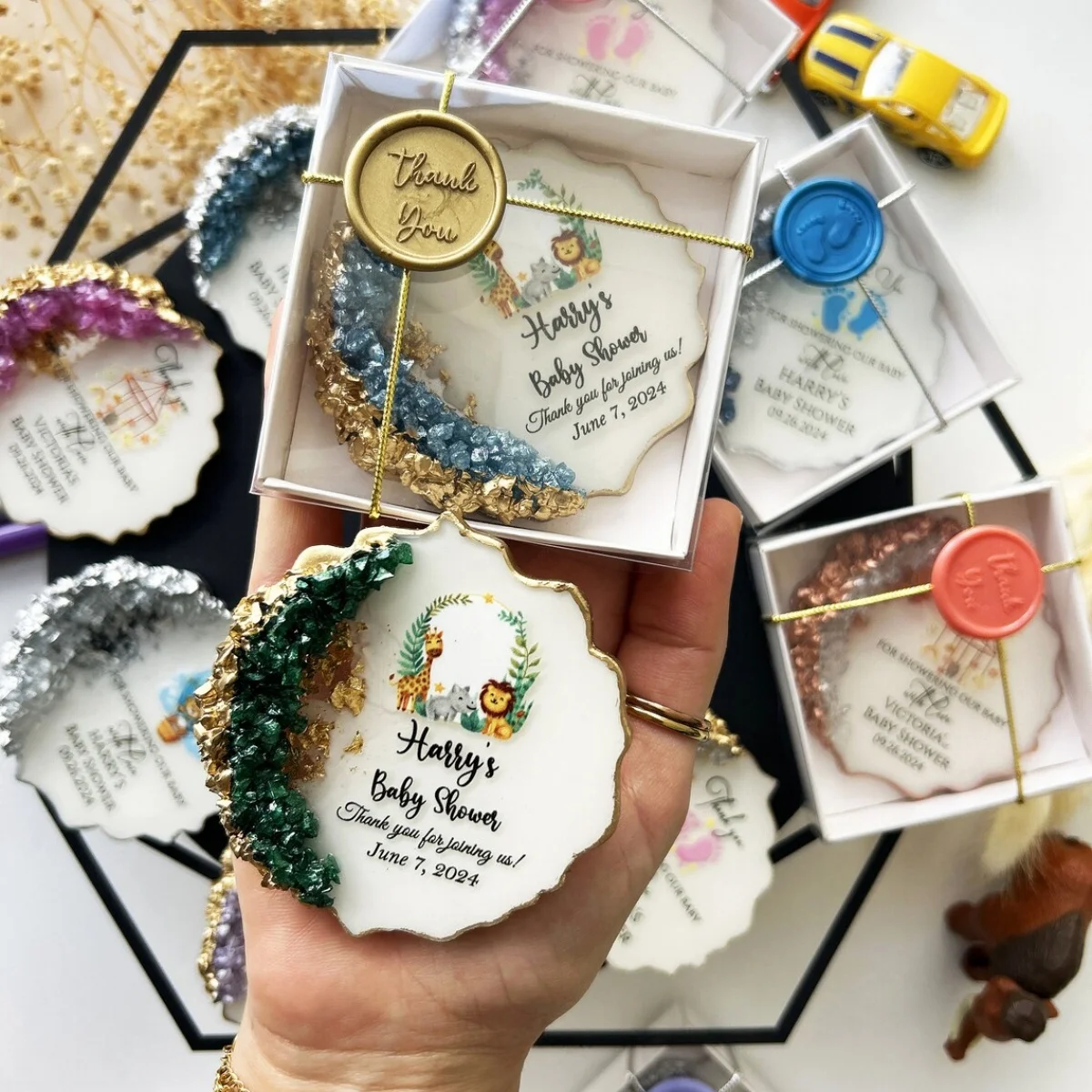 Personalized Resin Magnet Baby Shower Favors: Safari, Boho, Rustic, gender reveal, keepsake, thank you