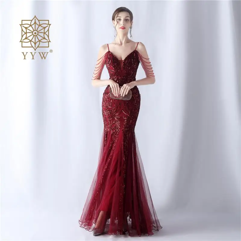 Mermaid Long Evening Dress For Women Pink Strap V Neck Maxi Wedding Vestido Elegant Evening Sequin Embroidery Ceremony Ball Gown