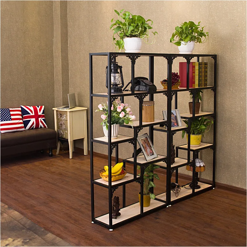 

American rural wrought iron multi-layer shelves, retro home living room floor-to-ceiling bookshelves
