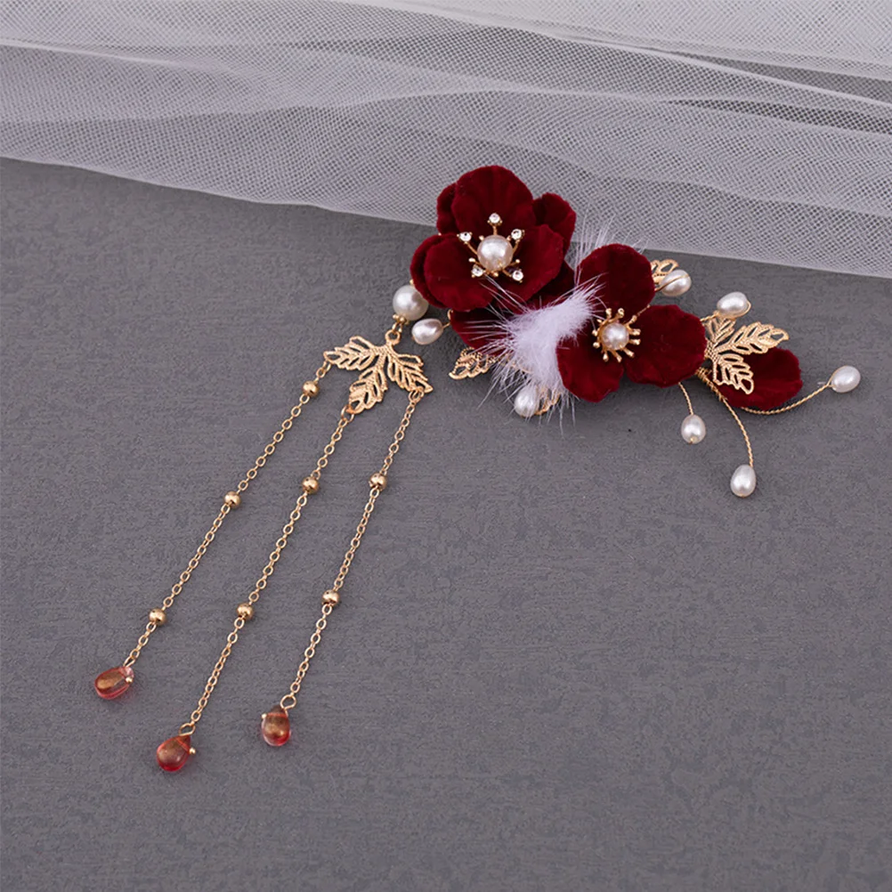 

Заколка для волос с темно-красным цветком, висячая кисточка, заколка для волос Hanfu, аксессуар для волос для вечеринки, свадьбы, косплея, повседневного использования, заколка с цветком