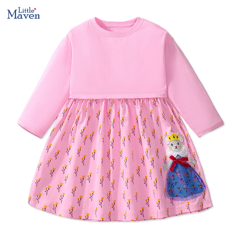 Little maven Baby Girls 2024 Autumn Children's Clothing Kids Clothes Cotton Long Sleeves Embroidery Cartoon Mouse Casual Dresses