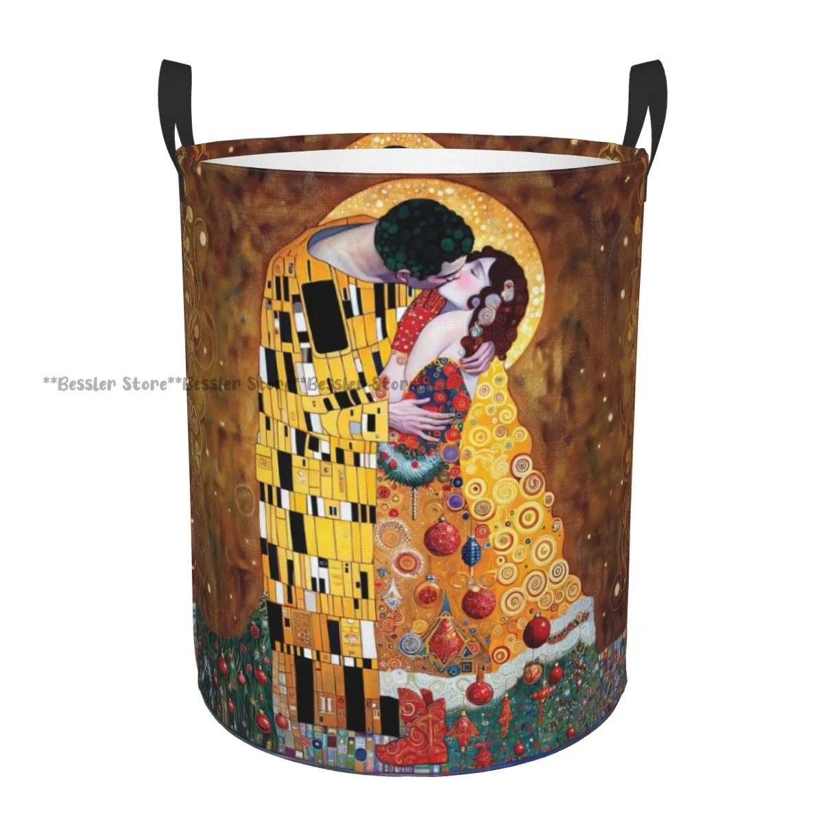 Laundry Basket Romantic Xmas In Tones Theme With Man Woman Kissing Round Storage Bin Collapsible Hamper Clothes Bucket Organizer