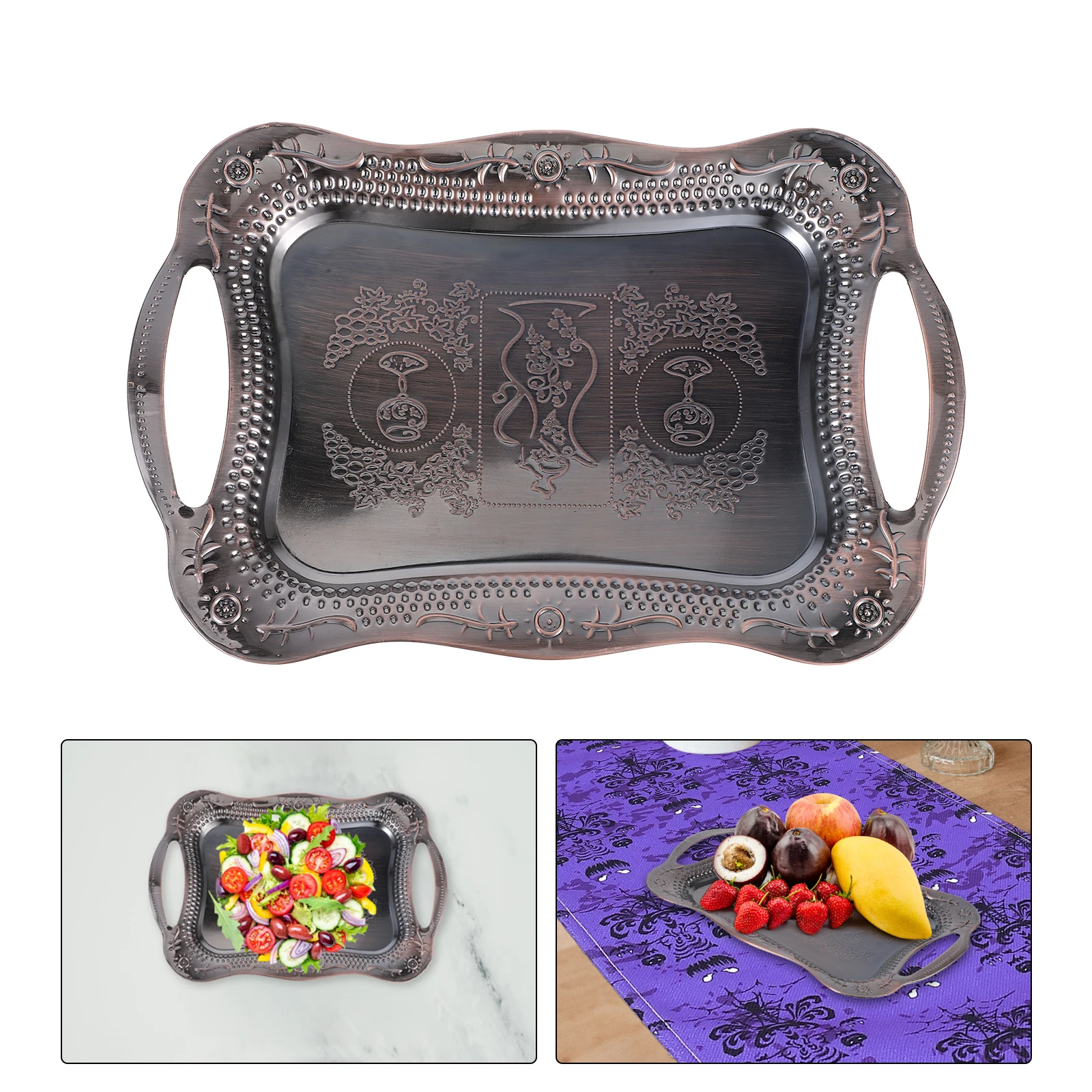 

Retro Tray Food Serving with Handle Decorate Fruit Stainless Steel Rectangular Compartment