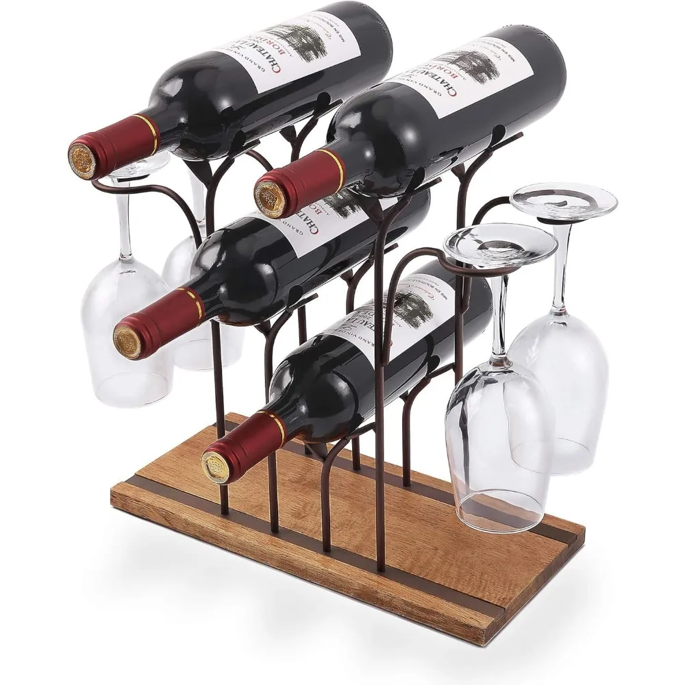 

Деревянная настольная винная полка вмещает 4 бутылки и стаканы, бронзовая металлическая отделка для домашнего декора, кухонного бара, хранения