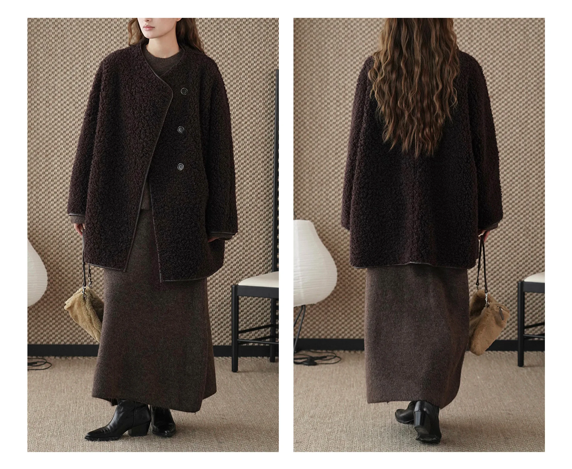 Abrigo de lana suelto de cordero de felpa con diseño de botones y tapeta diagonal de invierno para mujer