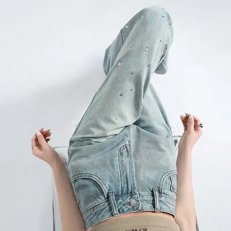 

Ретро тяжелые джинсы Du со стразами и высокой талией, широкие джинсы, женские свободные утягивающие узкие брюки длиной до пола...