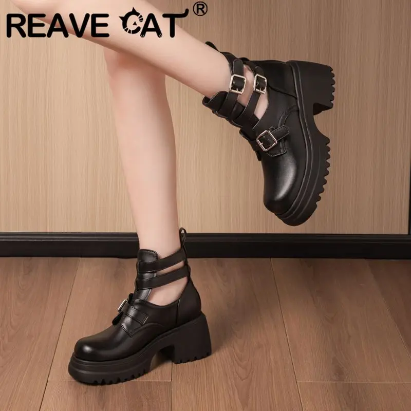 

REAVE CAT 2025 Роскошные женские ботильоны с круглым носком и блочным каблуком 7,5 см, пряжка и ремешки на платформе, большие размеры 43, 44 45, повседневные повседневные ботильоны