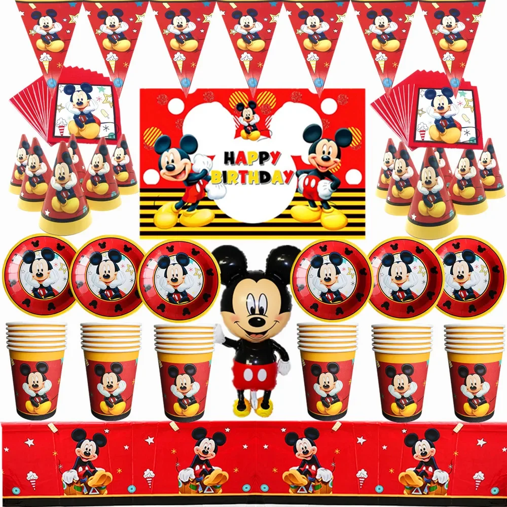 Red Mickey Mouse Children\'s Theme Birthday Party Arrangement Decorative Paper Cup Draw Flag Tablecloth Disposable Party Supplies