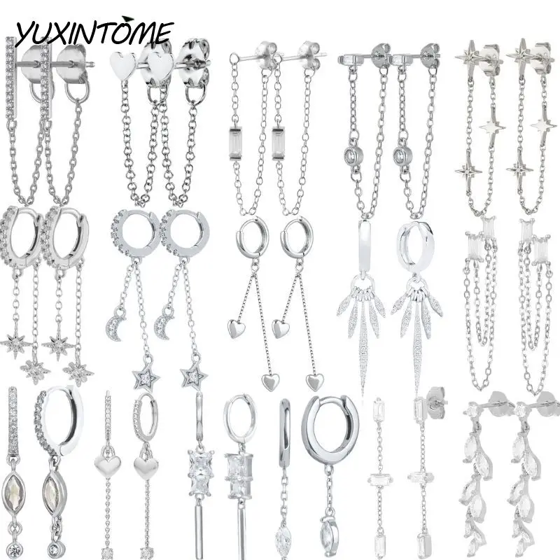 

925 Sterling Silver Needle Advanced Geometric Design Zircon Chain Mode Pendant Earrings Fashion Luxurious Stud Earrings Jewelry