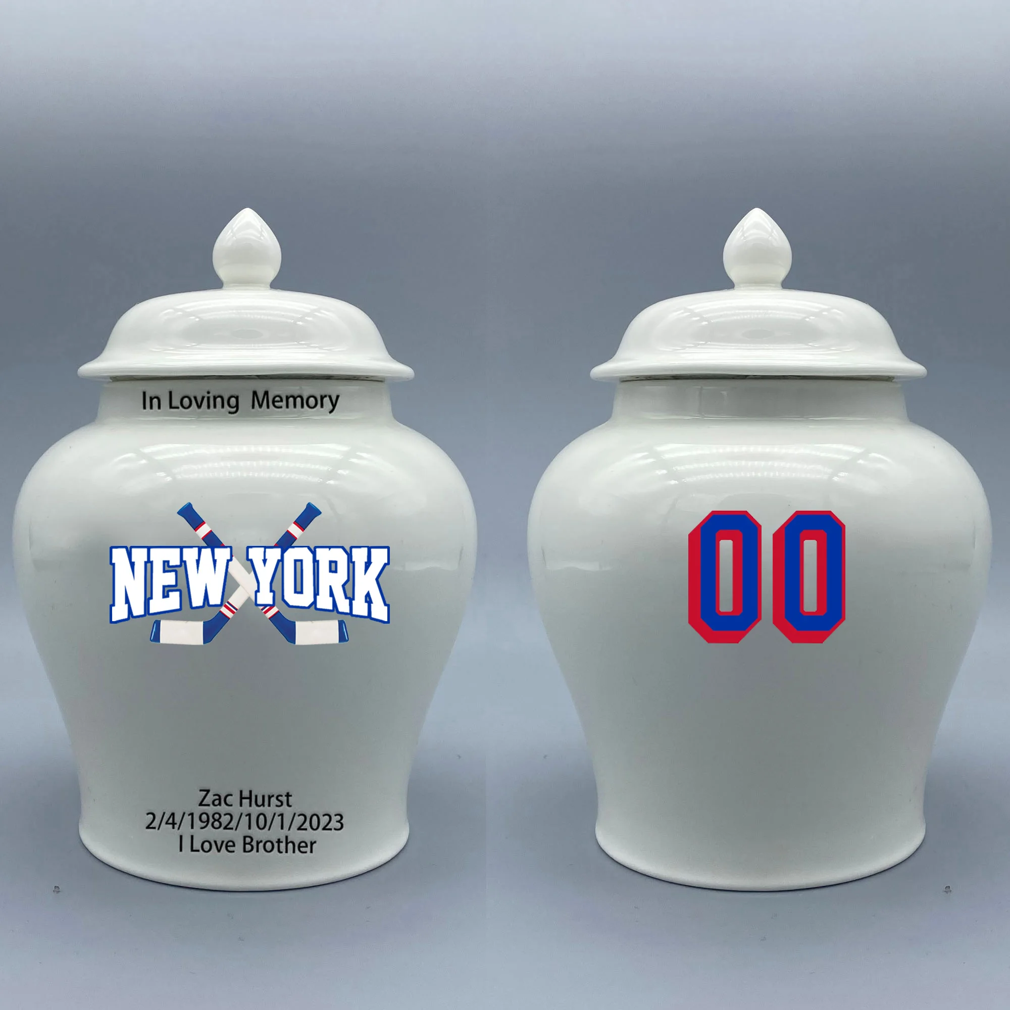 

Medium Urn for New York Rangers-themed Hockey Urn.Please send me the customize information-name/date and number on the urn