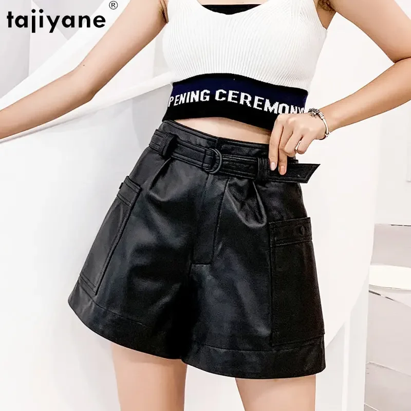 Tajiyane Wide Leg Pants Women Genuine Leather Pants Women Clothes Korean Streetwear A-line High Waist Pants Boot Trousers Shorts