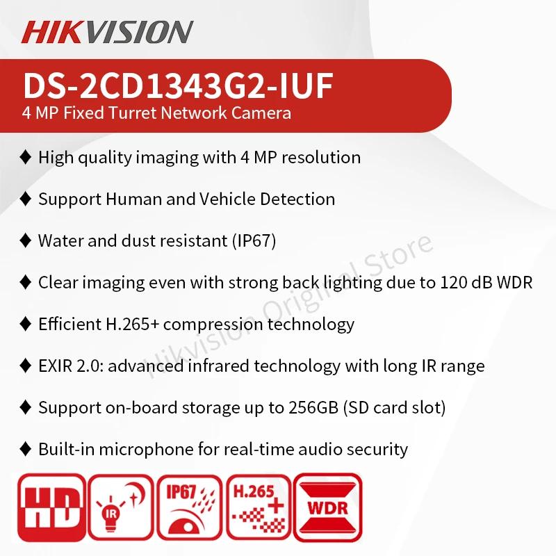 Hikvision 4MP Turret Camera Outdoor Security CCTV Built-in Mic SD Card Slot Support Human and Vehicle Detection DS-2CD1343G2-IUF