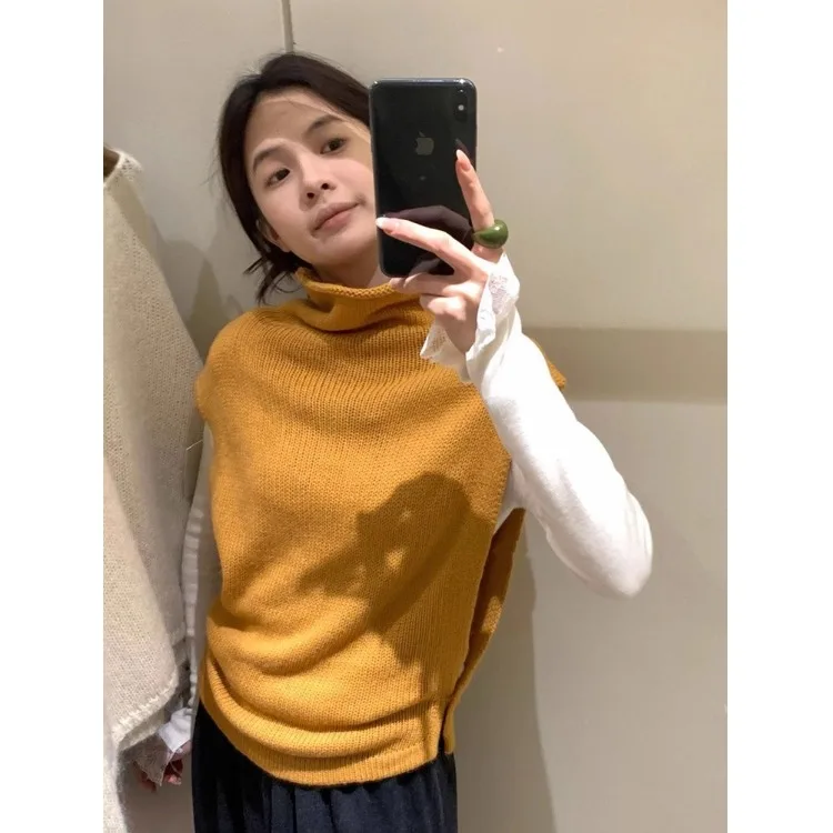 Żółta dzianinowa kamizelka z wysokim kołnierzem, damska, na wczesną jesień, do noszenia warstwowo, sweter na ramię, odzież wierzchnia.