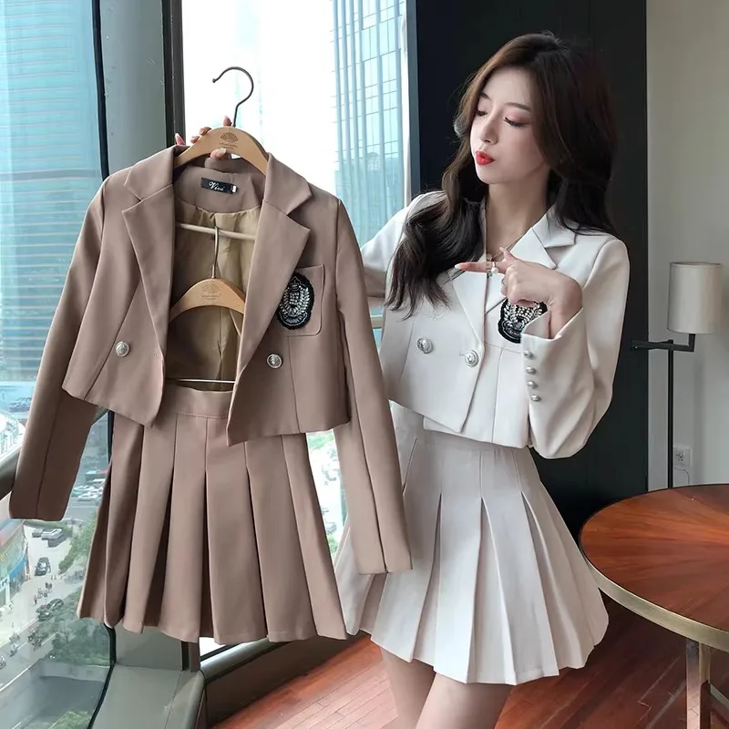 2026 New Fall Preppy Style 2 Piece Suits Black Beige Grey 2pcs Short Blazer Jacket+High Waist Pleated Mini Skirt Sets Casual