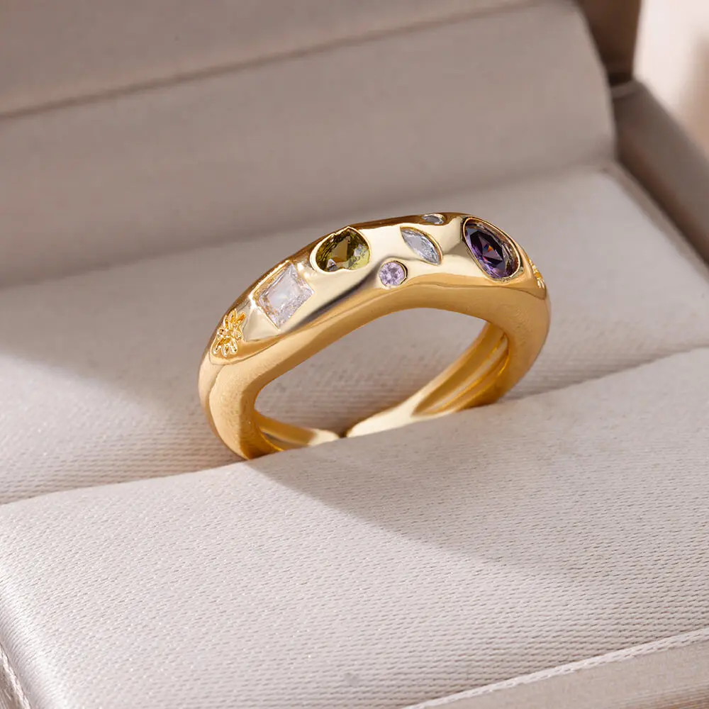 Zircon Heart Finger Rings for Women Gold Color Irregular Stainless Steel Ring Engaement Wedding Aesthetic Jewelry Girls Gift